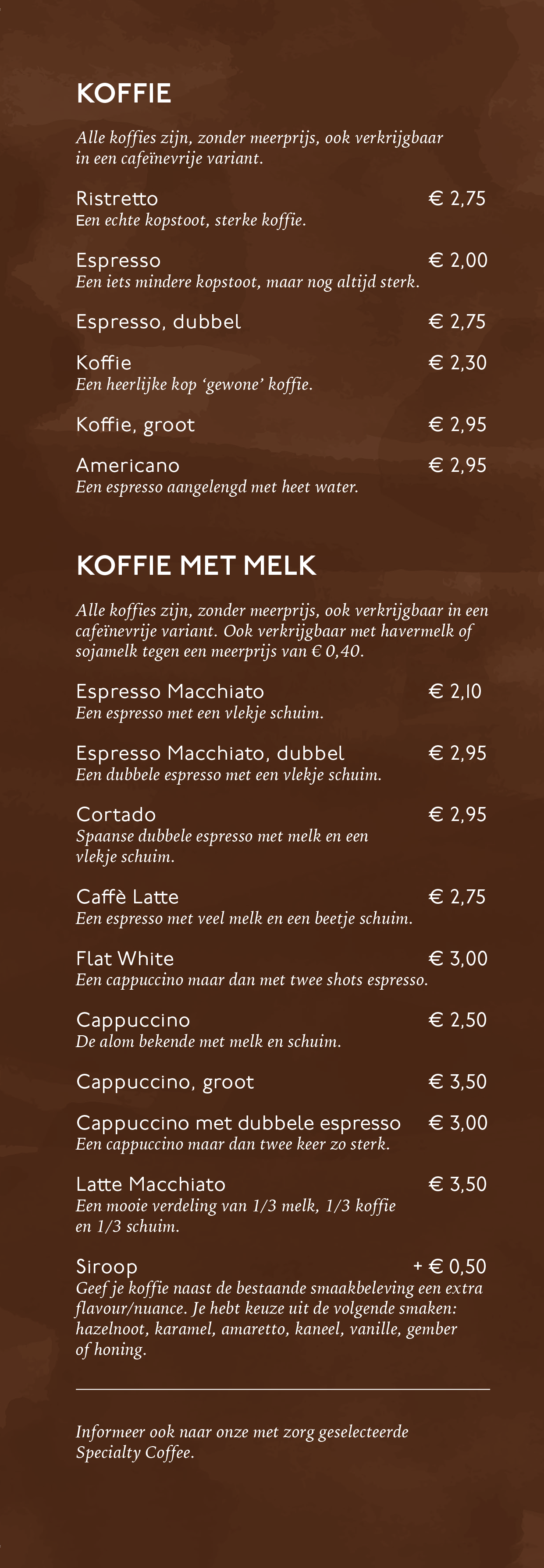 Menukaart Kaldi Apeldoorn